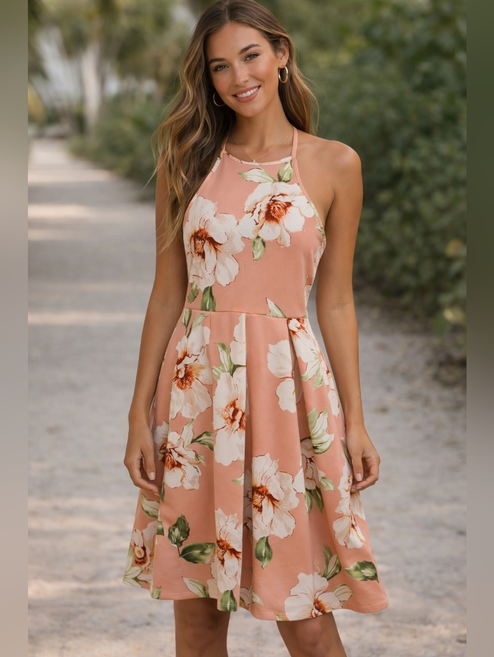 Monteau Pink Floral Halter Mini Dress - Picture 1 of 6